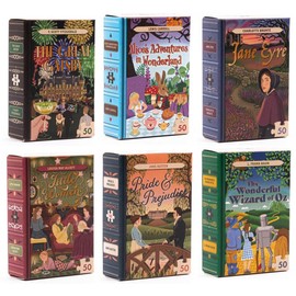 Set of 6 Mini Jigsaw Library Books Puzzle in a Matchbox - 50 piece. Assorted famous books - great travel size entertainment, wedding favour or Christmas Cracker Filler