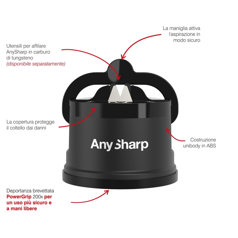 AnySharp Affilacoltelli, Sicurezza Mani Libere, Potente Suzione PowerGrip, Affila Sicuramente