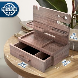 BARVA Gifts for Men Dad Birthday Ideas Wood Docking Station with Drawer Phone Nightstand Organizer Table Charging Dock Watch Charging Stand Wallet Gadget Device Bedside Holder Bedroom Desk Accessories