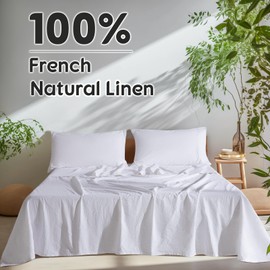 SONORO KATE 100% French Pure Linen Sheets, Breathable and Durable Line King Size Sheets, Anti-Tear Line Bed Sheets, Machine Washable, 16 Inch Deep Pocket - 4 Piece (White, King)