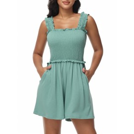 Tanou Women's Summer Sleeveless Shirred Rompers Square Collar Ruffle Straps Flowy Short Jumpsuit with Pockets Green M