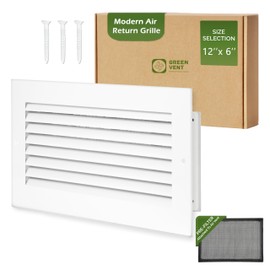 GREEN VENT - Modern Air Return Grille 12x6 (Duct Opening) - Decorative White Aluminum Air Vent Cover with Washable Mesh Pre-Filter for Ceiling, Wall - Quiet HVAC Grille for Home