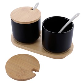 SHUESS Set of 2 Ceramic Storage Jars, Black, Salt Barrel Ceramic Spice Jars, Salt Pot, Ceramic Sugar Bowl, Spice Jars with Spoon and Bamboo Lid for Tea, Sugar, Salt Spices, 260 ml