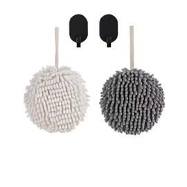 Evabliss Fuzzy Ball Towels, Hanging Fluffy Chenille Ball Towels Set of 2 for Bathroom/Kitchen, Thicked Water Absorbent Quick Dry (White+Grey)