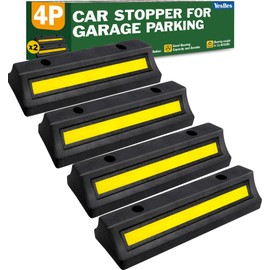 Pack of 4 Garage Parking Aid, 16.9'' Parking Stopper for Garage, Heavy Duty Rubber Garage Car Stopper with Reflective Yellow Tape Curb, Parking Gadgets Protects Garage Walls and Car