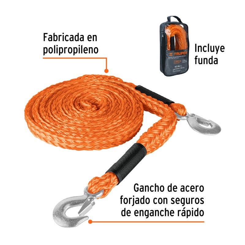 Truper CREM-7/8X45, Cuerda para remolque con ganchos, 7/8" x 4.5m