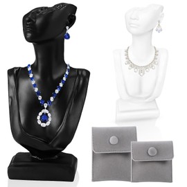 WATUNID Mannequin Jewellery Stand, 2 Pieces Bust Jewellery Stand with 2 Grey Organiser Bags, Organiser for Show Jewellery, Necklace, Earrings, Rings (Black and White)