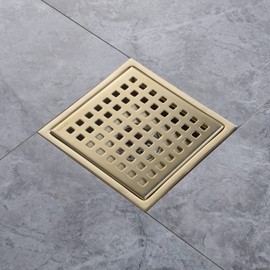 DEOKXZ Brushed Gold Shower Drain Square，6 Inch SUS 304 Stainless Steel Removable Grid Strainer Cover,with Adjustable Drain Flange Kit Base PVC,Brass Finish