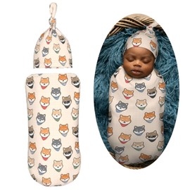 Muishi Cute Shiba Inu Japanes Dog Newborn Swaddle Blankets Hat Sets Soft Baby Receiving Blanket Swaddle Sack for Baby Shower Infant Boy Girl Gift