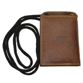 Roberto Genuine Leather Neck Pouch in Dark Brown, brown, Classic
