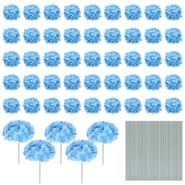 jiebor 50Pcs Blue Hydrangea Artificial Flowers Faux Fake Silk Fabric