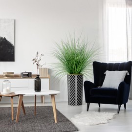 Artificial Tree in Black and White Striped Planter, Fake Onion Grass Silk Tree for Indoor and Outdoor Home Decoration - 55" Overall Tall (Plant Pot Plus Tree)