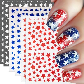 6Pcs Independence Day Nail Stickers Glitter Red Blue White Star 3D Self-Adhesive Nail Decals 4th of July Five-Pointed Stars Nail Design Memorial Day Star Nails Supplies for Women Patriotic Nails Decor