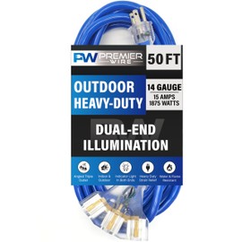 50 ft - 14 Gauge Heavy Duty Extension Cord - Lighted on Both Ends - SJTW Blue - Outdoor Extension Cord 50 ft by Premier Wire - 15 Amp Extension Cord (50 Foot 14-Awg Power Cord Blue)
