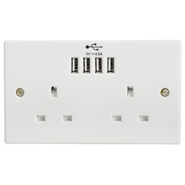 2-Gang UK Mains Socket with Four USB Ports