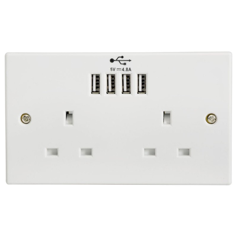 2-Gang UK Mains Socket with Four USB Ports