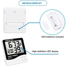 JYUDAUFU 2pcs HTC-1 Digital Thermometer Hygrometer Clock Alarm LCD Display Desktop Stand Wall Mount Temperature Humidity Monitor with sticky hook for Living Room, Warehouse,Office, Garden
