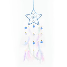 AfitLulu Dream Catcher Moon and Star Wall Hanging Room Decor Dreamcatcher, Handmade Colorful Feathers Dream Catchers Bedroom Accessories with Beads and Plush Balls for Home Decor (Blue)