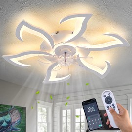 Dalouguan Modern Ceiling Fan with Lights Remote Control, 32" White Flush Mount Fan with 3 Light Colors, 6 Speeds Low Profile Ceiling Fan for Kitchen Bedroom