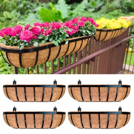LaLaGreen Railing Planter Box (4 Pack, 24 Inch) Black Metal Rectangular Flower Boxes with Coco Liner, Hanging Planters for Outdoor Plants Deck Over Rail Fence Balcony Patio Porch Modern Garden Decor