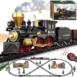 Train Set for Kids Remote Control Christmas Train Toys w/Steam Locomotive, Fuel Tank Car & Luxury Tracks, Electric Trains w/Realistic Smoke,Sounds & Lights, Birthday Gift for Boys Girls 3 4 5 6 7+