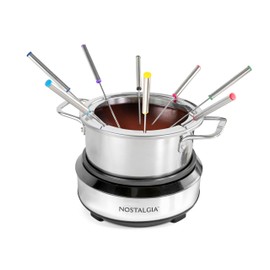 Nostalgia 8-Cup Electric Fondue Pot Set for Cheese & Chocolate - 8 Color-Coded Forks, Temperature Control - Kitchen Gadgets and Appliances for Hors d'Oeuvres and More - Stainless Steel
