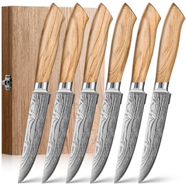 Emojoy Steak Knives Set of 6, 4.5 Inches Serrated Steak Knife Set, German Stainless Steel Kitchen Steak Knives with Original Olive Wood Handle and Wooden Gift Box