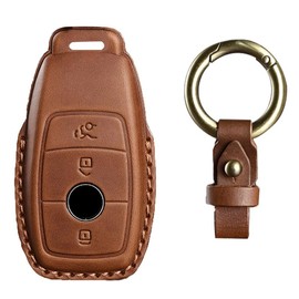 KUNIO Key Case Fits Mercedes A B C E S G Class GLC CLE GLB CLA W177 W247 B200 W205 S63 AMG A200 MS Leather Car Key Case Key Cover Key Fob 3 Buttons Brown