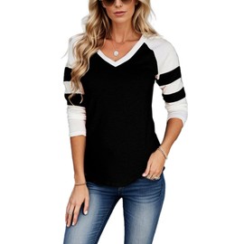 Raglan Tops for Women - Womens Baseball Tee Shirts 3/4 Sleeve Tunics | [40151171] Black White Panel Rgln,XS