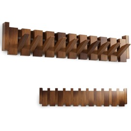 Kiseely Wooden Coat Rack, Wall Mounted Handmade Natural Hook, Space-Saving Coat Hanger with 10 Flip-Down Hooks for Entryway, Bedroom, Bathroom Decoration (Walnut M1, 10 Hooks)