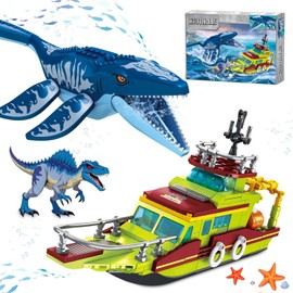 kiothdre 3 in 1 Ocean Explorer Dinosaur Building Set Compatible with Dinosaur Park World, City Boat Ship & Mosasaurus Spinosaurus Dino Toys with Poseable Joints, Toys for Kids Boys Age 6-12