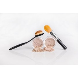 FOUNDATION & CONCEALER COMBO w/BRUSHES (LIGHT TAN FOUNDATION & MEDIUM CONCEALER) Mineral Makeup Kit Full Size Set Matte Bare Face Sheer Powder Cover