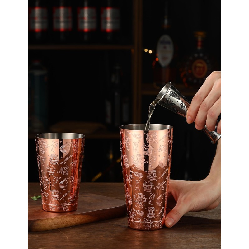 Weighted Boston Shaker Cocktail Shaker Etched with Tiki Imagery (Copper