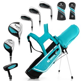 GYMAX Kids Golf Club Set, Right Handed Complete Golf Set for Children with 4/6 Golf Clubs & Golf Stand Bag, Toddler Youth Golf Clubs for Boys & Girls, Junior Golf Clubs (Lake Blue, 11-13)
