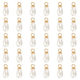 PATIKIL 7x5mm Pearl Charm, 50Pcs Pearl Beads Teardrop Faux Pearl Pendant Charm with Loop Bulk Imitation for Jewelry Making Bracelets Earrings Necklace Wedding Decorations Dress, Golden