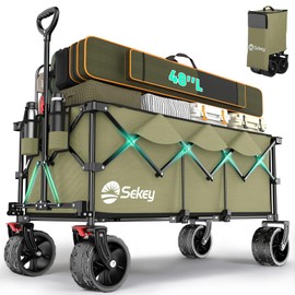 Sekey 48''L Collapsible Foldable Extended Wagon with 440lbs Weight Capacity, Heavy Duty 300L Folding Utility Garden Cart with Big All-Terrain Beach Wheels & Drink Holders. Khaki