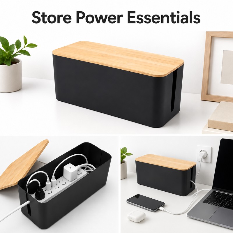 Cable Management Box for Power Strips & Cords - Bamboo