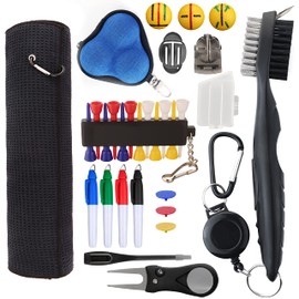 Golf Essentials Kit, 29 in 1 Golf Club Cleaning Kit - Golf Towel, Golf Club Brush, Gift Golf Balls, Golf Line Stencils and Pens, Golf Tee and Markers, Golf Divot Repair Tool - Golf Accessories for Men