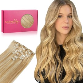 WENNALIFE Clip-In Real Hair Extensions, 70 g, 7 Pieces, 55 cm, Caramel Blonde Highlights Bleach Blonde, Real Hair Extensions, Clip-In Remy Clip-In Extensions, Natural Hair Extensions Real Hair