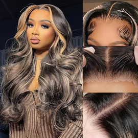 Ombre Lace Front Wigs Human Hair Body Wave 7x5 Highlight Wig Human Hair Honey Blonde Lace Frontal Wigs Human Hair 220% Density 1B/27 Colored Glueless Wigs Human Hair Pre Plucked Pre Cut 26Inch