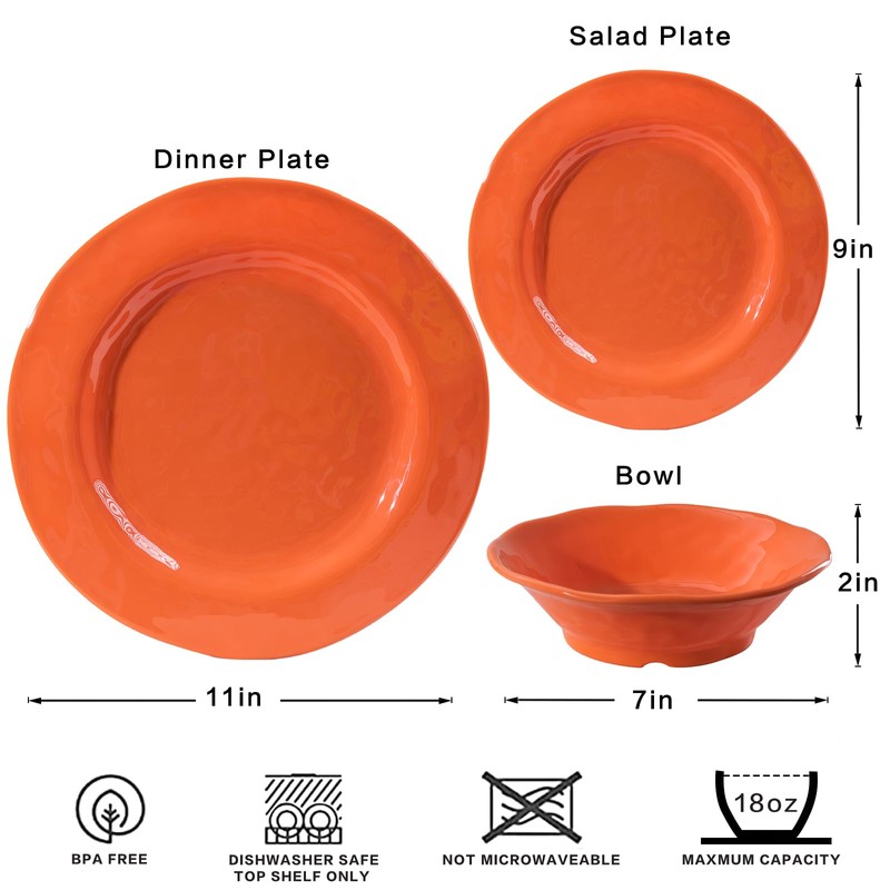 LEHAHA Orange Melamine Dinnerware Set, 12 Piece Kitchen Tableware Plates