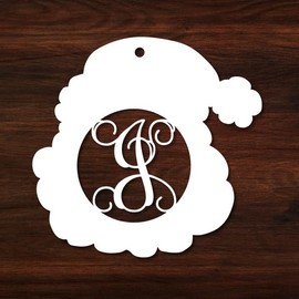 Vintage Santa Head Monogram Chirstmas Gift Tag Ornament 5 Inch J Letter | High Gloss White or Wood Board | Wall Hanging Alphabets | Wood Letter