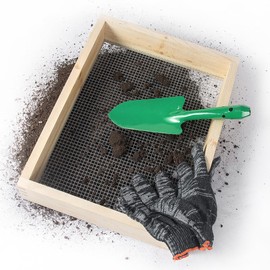 15.74" x 11.81" Soil Sifter - Steel Wire Mesh & Natural Wood Dirt Sifter for Gardening - Compost, Rock, & Dirt Sifter Tool with Gloves and Trowel- Essential Garden Tool for Flower & Vegetable Planting