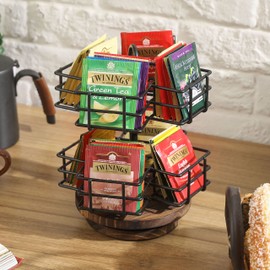 MyGift 8 Compartment Carousel Style Tea Bag Organizer Rack Display - Industrial Matte Black Metal Wire Baskets and Rustic Burnt Wood Lazy Susan Base