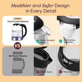 Cosori Electric Kettle, No Plastic Filter & Spout, 1.7L Tea Kettle & Hot Water Boiler For Coffee & Tea, Water Heater & Teapot, Automatic Shut Off, Borosilicate glass, Black, 1500W