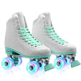 SMOOJOY Roller Skates for Women Girls and Kids, Light Up Wheels - White Quad Outdoor PU Leather High-Top Design Derby Rollerskates for Beginners Youth Sizes 2 3 4 5 6 7 8 9 10 11