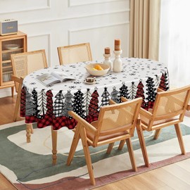 Horaldaily Christmas Tablecloth 60×104 Inch Oval, Christmas Trees Buffalo Plaid Red Washable Table Cover for Party Picnic Dinner Decor