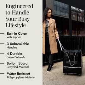 (Medium, Black) Reusable Grocery Bag On Wheels, Shopping Trolley, Rolling Tote, Zipper Closure, Lightweight, Carries Up to 66 lb, Folds Flat, Unbreakable Handles