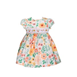 Bonnie Jean Girl's Easter Dress - Spring Floral Smocked Dress for Baby Toddler and Little Girls, Orange and Green, 4