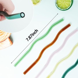 6Pcs Wavy Glass Straws Shatter Resistant, Reusable Cute Glass Straws, Colored Glass Straws with 1 Cleaner Brush for Beverages Coffee Juice Cocktail Teas